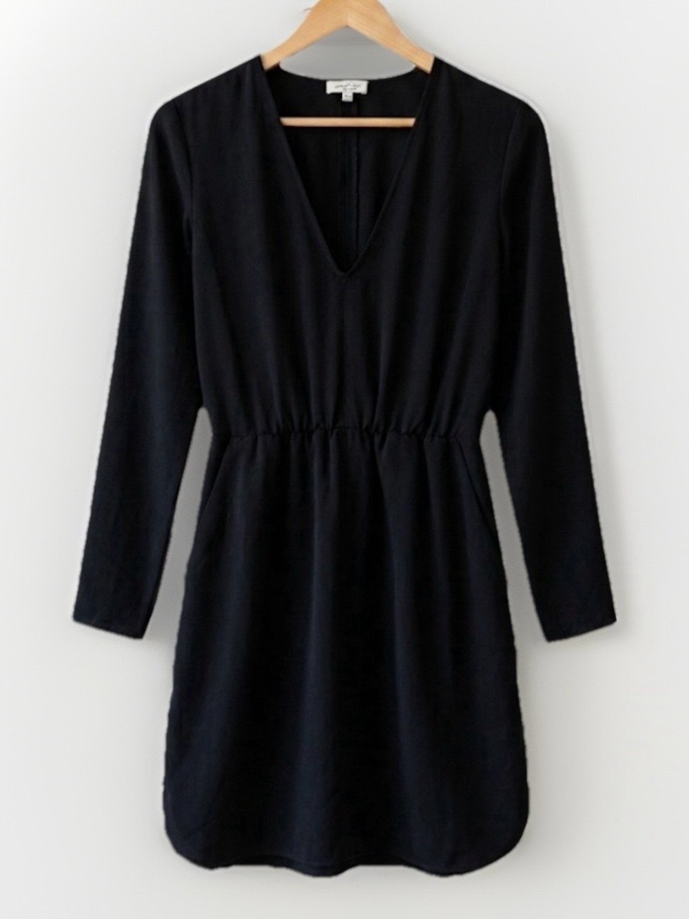 Aritzia Wilfred Black Mini Dress V Neck Long Sleeve Silk Trim XS - Picture 2 of 6